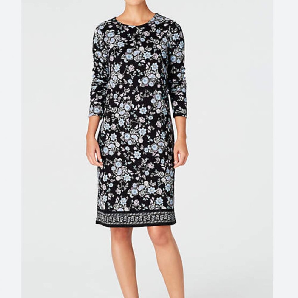 J. Jill Moody Dark Florals Laced-Back Knit Shift Dress  Lapis Batik Vines Sz XL
